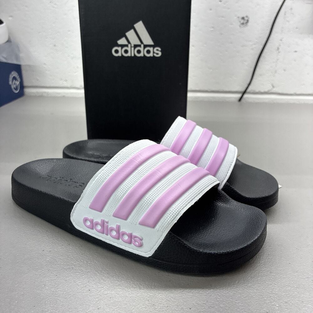 New adidas Adilette Shower Slides Sandal White/Lilac Pink Size 2 With Box
